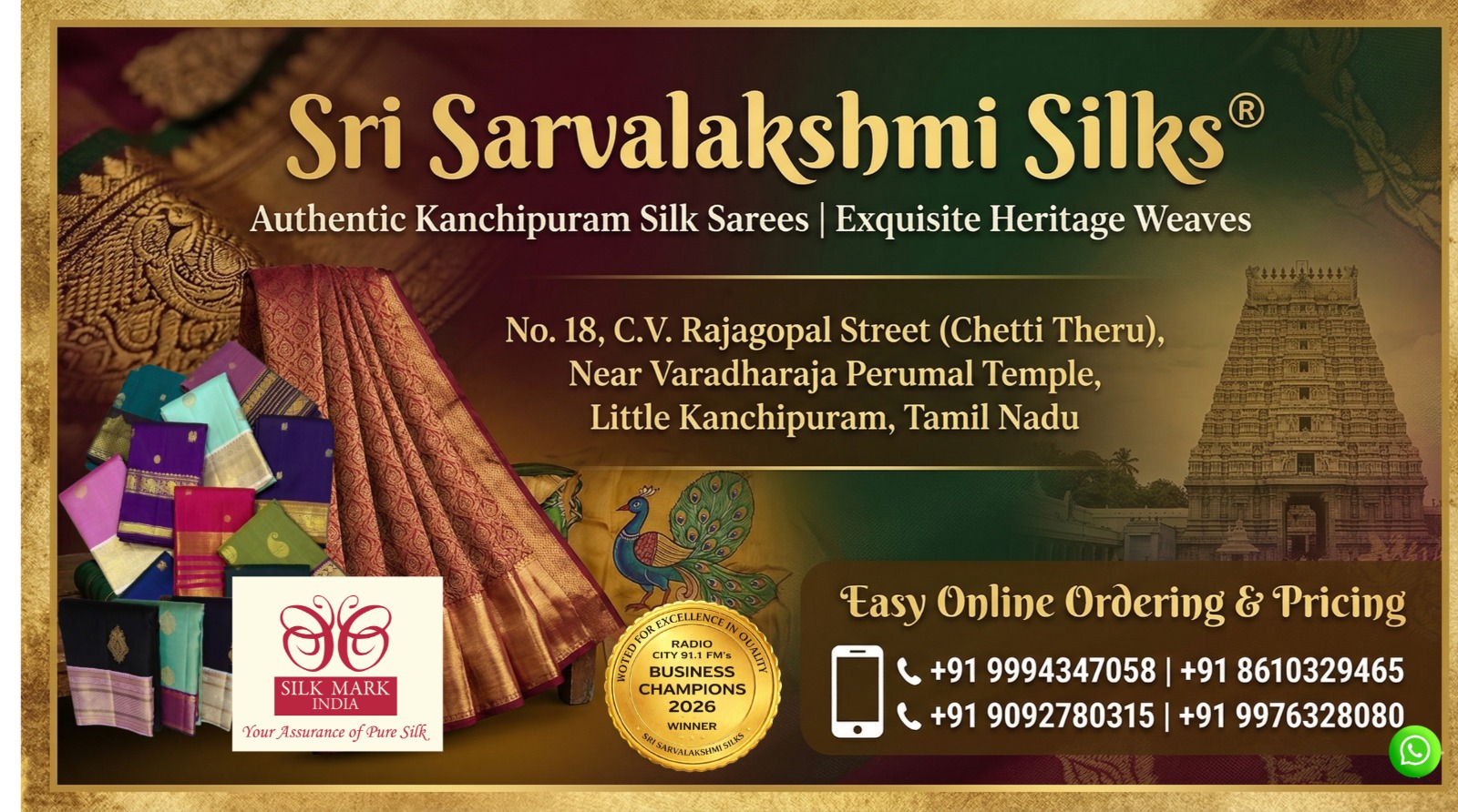 Sri Sarvalakshmi Silks Pure Kanchipuram Silk Sarees Manufacturers and Wholesale Shop Best collection of Traditional Bridal Handloom sarees at Wholesale